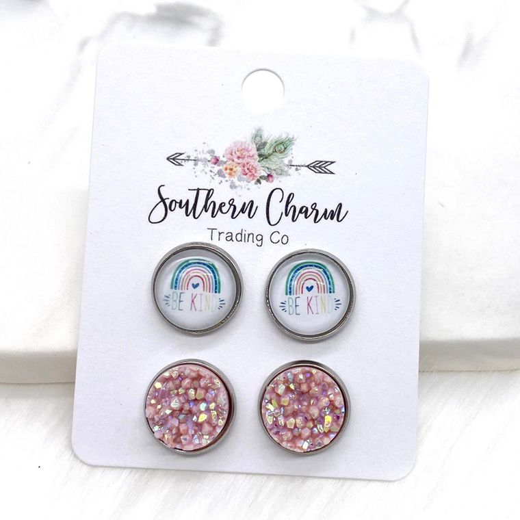 12mm - Pastel Rainbow Be Kind & Blush Shimmer Earrings in Stainless Steel Settings