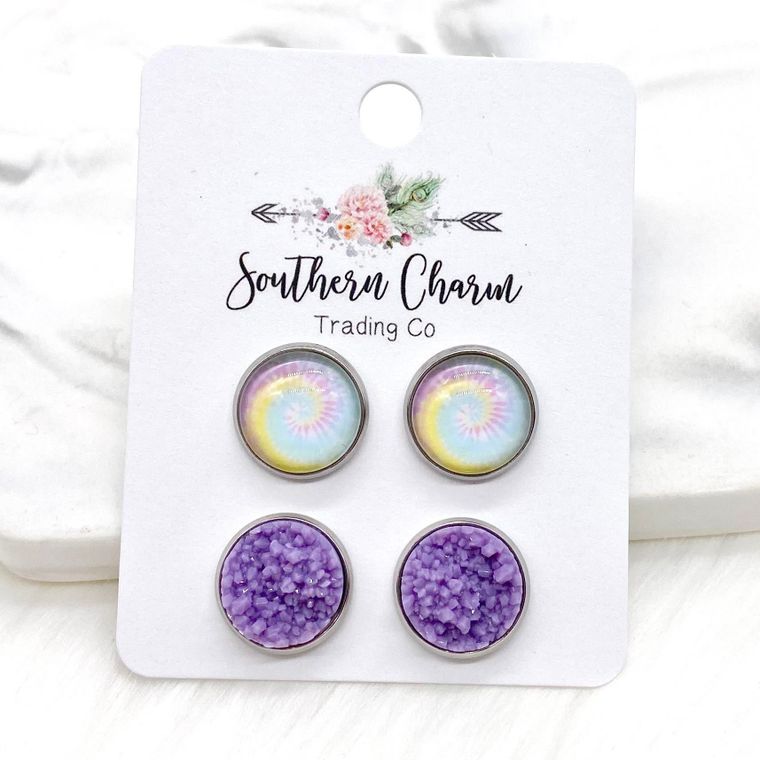 12mm - Pastel Tie Dye & Purple Crystals Earrings in Stainless Steel Settings
