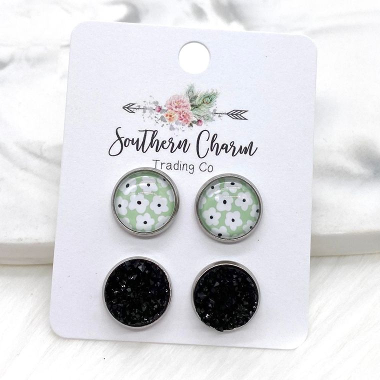 12mm - Sage Daisies & Black Earrings in Stainless Steel Settings