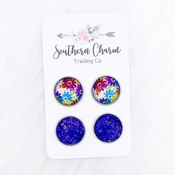 12mm - Bright Flowers & Purple Sparkles Earrings in Stainless Steel Settings