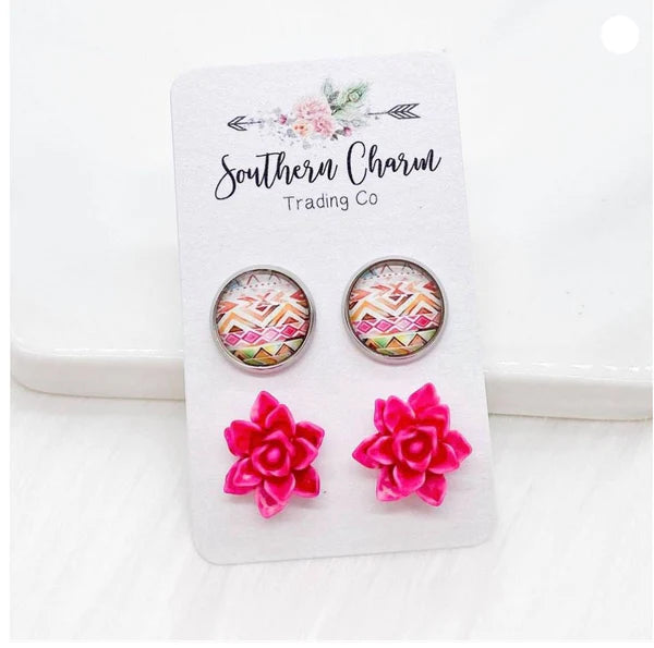 12mm - Hot Pink Succulents & Bright Aztec Earrings in Stainless Steel Settings