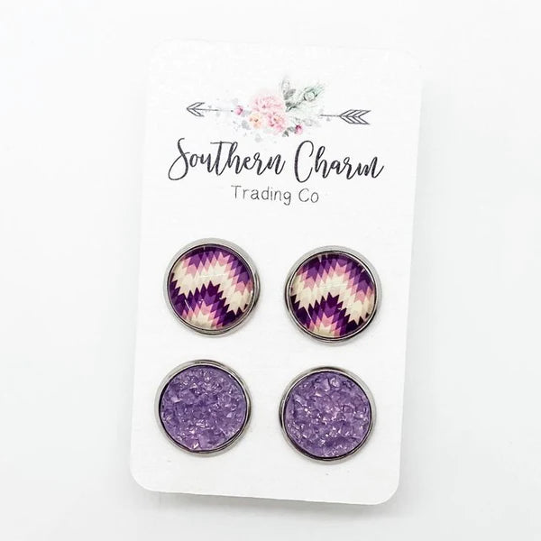 12mm - Purple Zig Zag & Pastel Purple Ice Earrings in Stainless Steel Settings