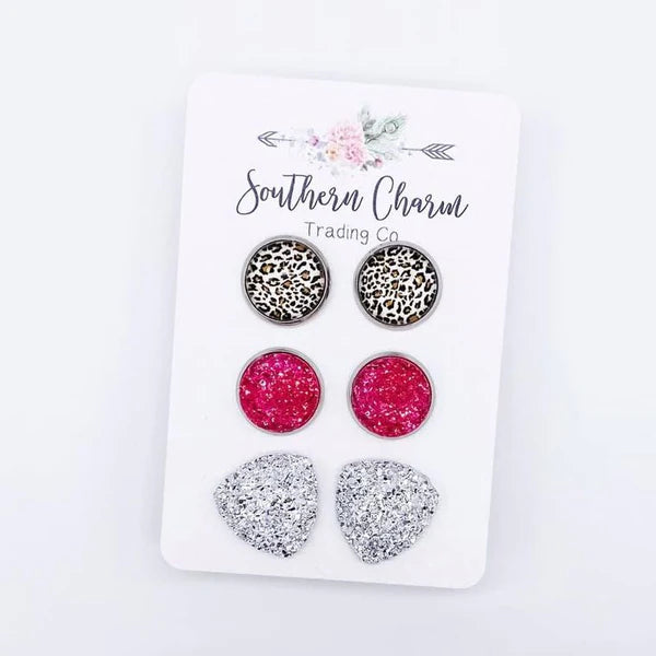 Tan Leopard/Hot Pink Sparkles/Silver Triangles Earrings in Stainless Steel Settings