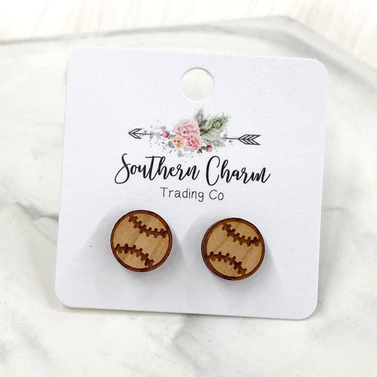 12mm - Wooden Baseball Earring