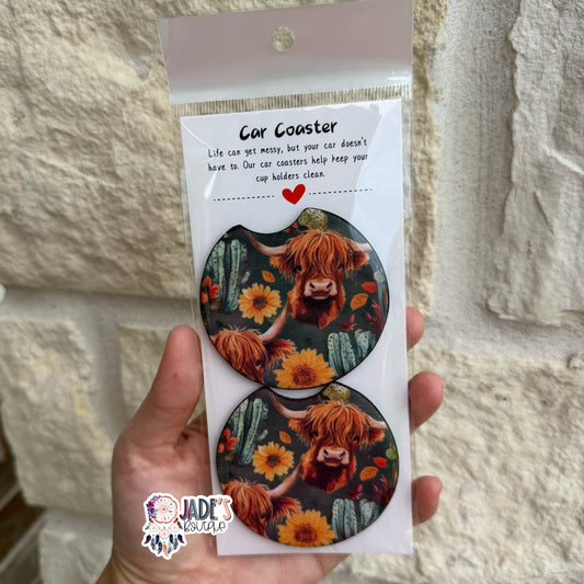 Highland Cow Sunflower Car Coasters