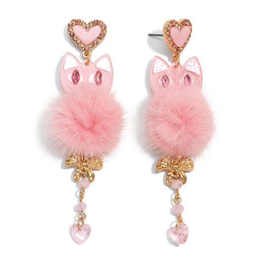 Glitter Cat Drop Earring With Pom Accent