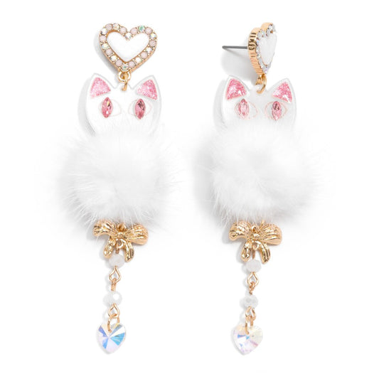 Glitter Cat Drop Earring With Pom Accent