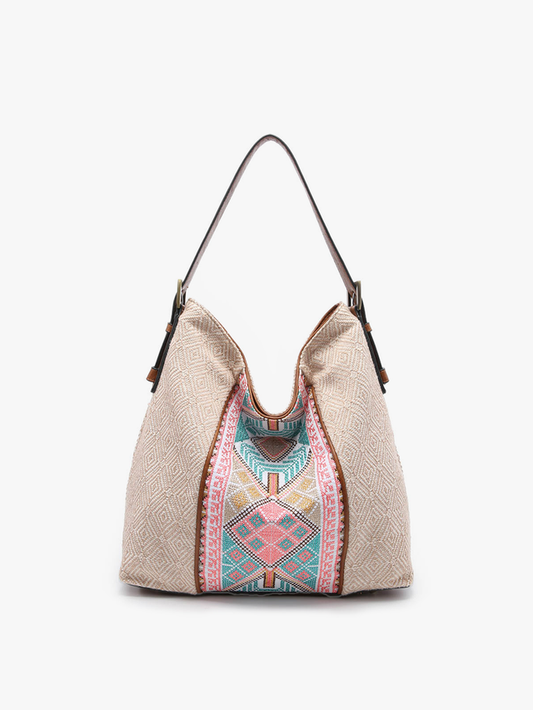 Ember Aztec Embroidered Hobo Bag - Taupe/Mint