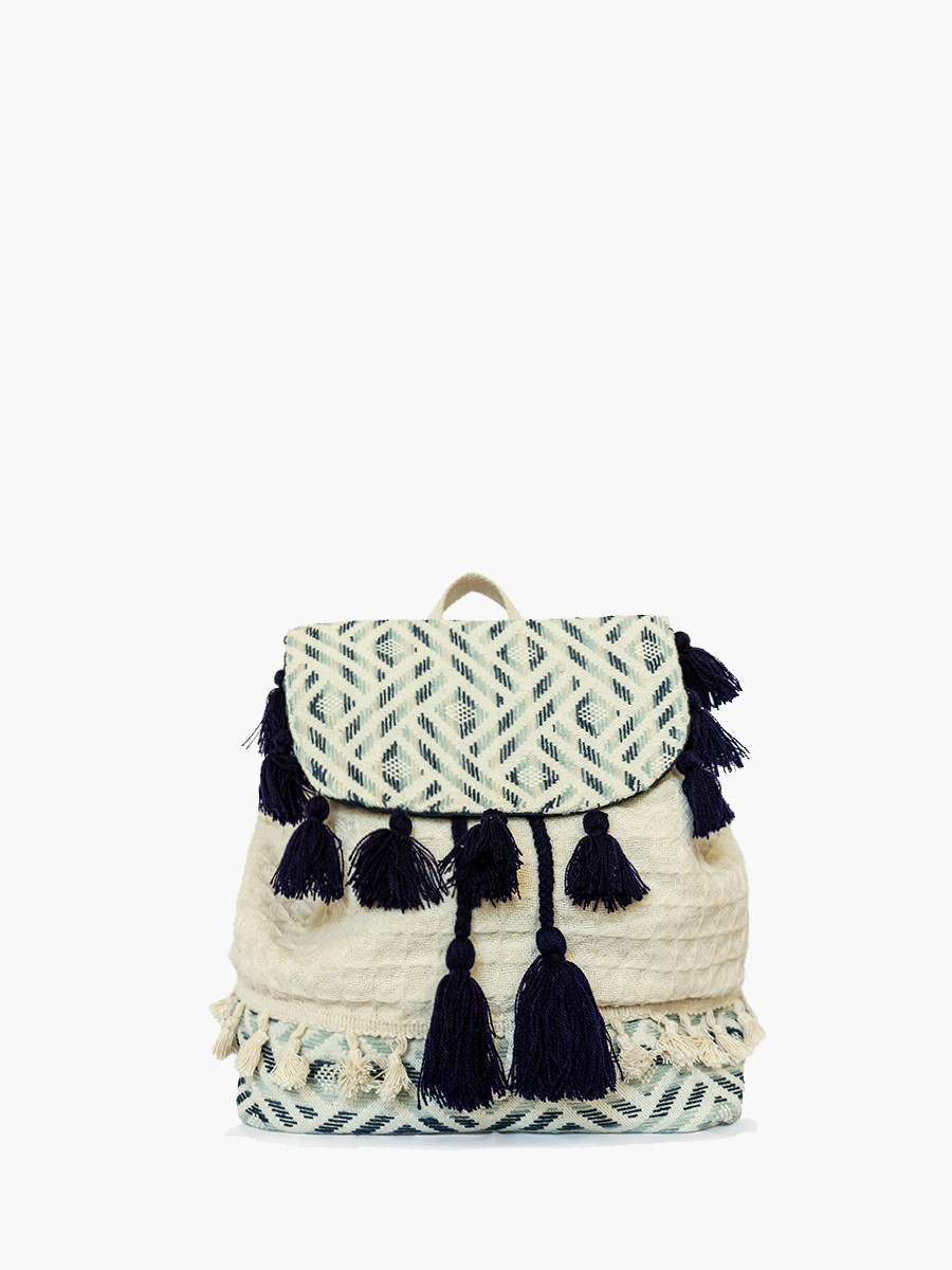 Magdelena Aztec Cotton Backpack w/ Tassels - Blue/White