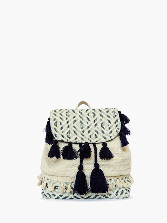 Magdelena Aztec Cotton Backpack w/ Tassels - Blue/White