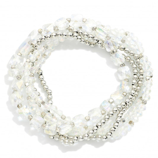 Silver Square Crystal Beaded Stack Bracelet