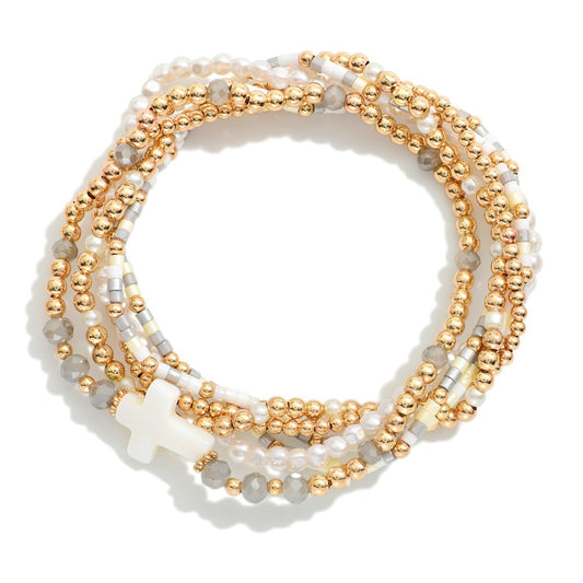 Grey Beaded Pearl Cross Bracelet