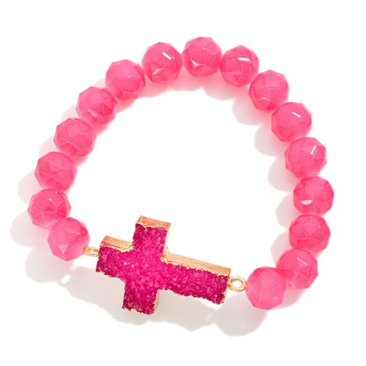 Hot Pink Crystal Beaded Cross Bracelet