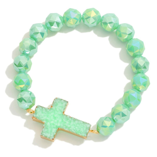 Mint Crystal Beaded Cross Bracelet