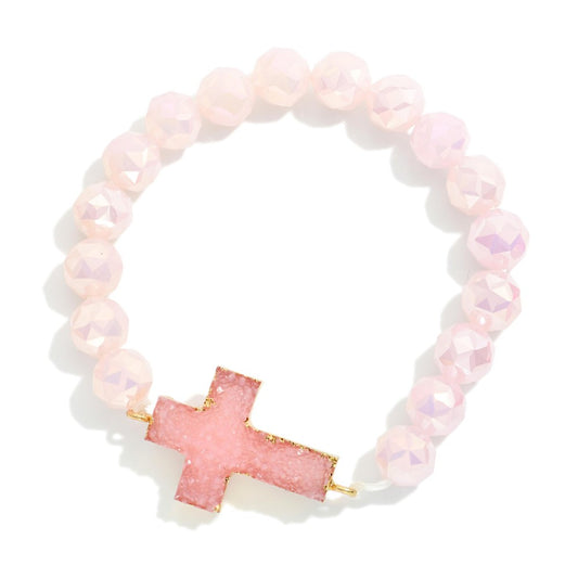 Pink Pearl Beaded Cross Bracelet