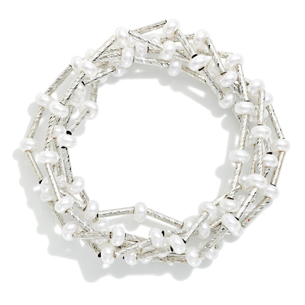 Silver Pearl Disc & Tube Beaded Bracelet