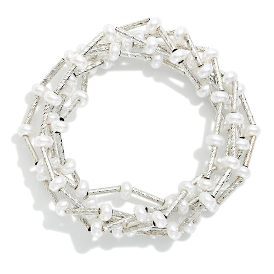Silver Pearl Disc & Tube Beaded Bracelet