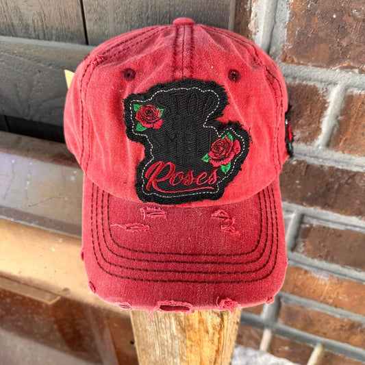 Distressed Red Stop & Smell The Roses Baseball Cap