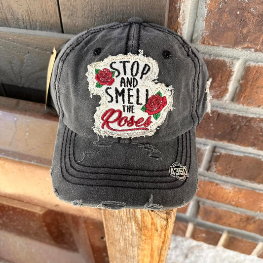 Distressed Grey Stop & Smell The Roses Baseball Cap