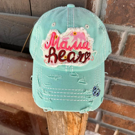 Distressed Aqua Mama Bear Baseball Cap