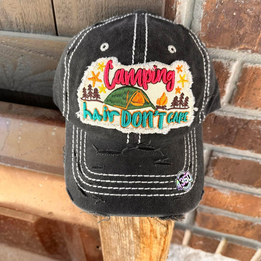 Distressed Camping Hair Don't Care Baseball Cap