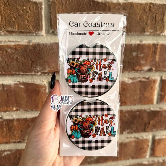 Ceramic Car Coasters - Hay Fall Highland Cow