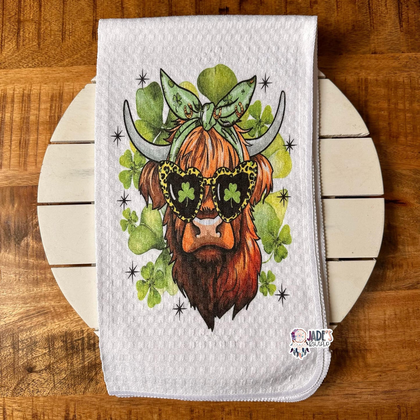 Highland Cow Clover Tea Towel
