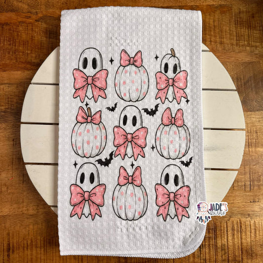 Pink & White Pumpkin Ghost Tea Towel