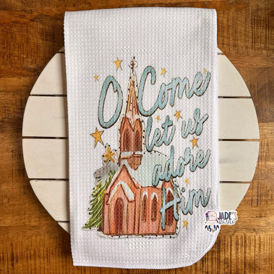 O Come Let Us Adore Him Tea Towel