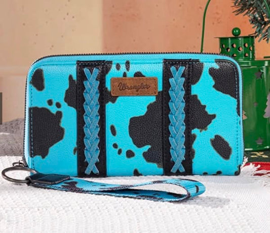 Turquoise Cow Print Wrangler Wallet