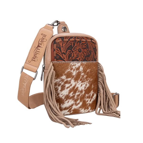 TRINITY RANCH GENUINE HAIR-ON COWHIDE TOOLED FRINGE SLING BAG