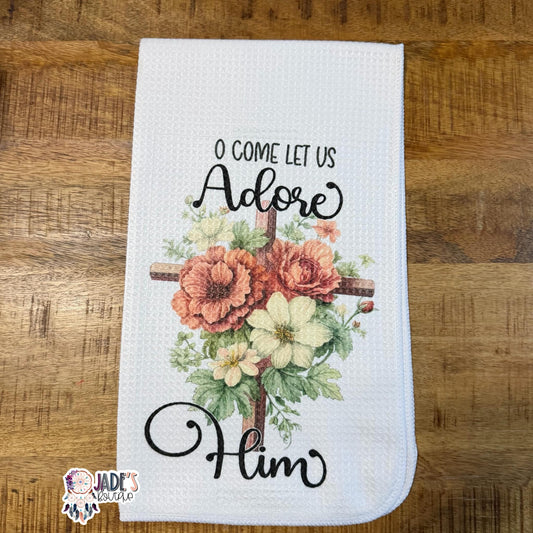O Come Let Us Adore Him Cross Tea Towel