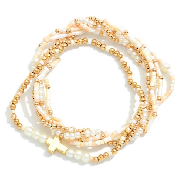 Stacakable Bracelet with Cross Charm - Natural