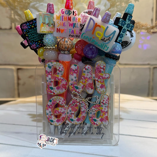 But God Pink Floral Acrylic Pen Box