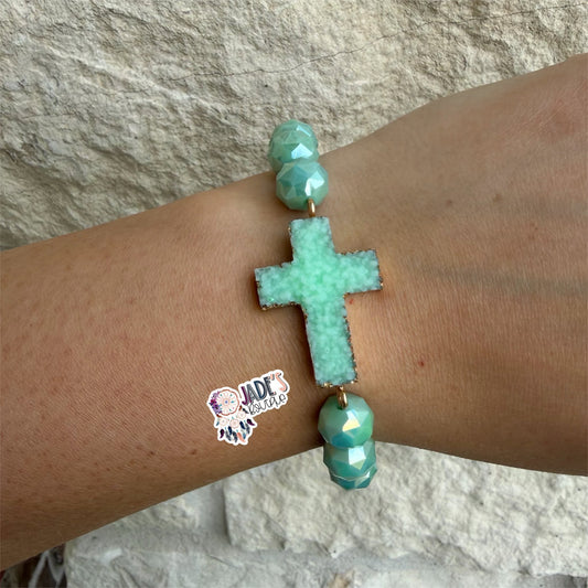 Mint Crystal Beaded Cross Bracelet
