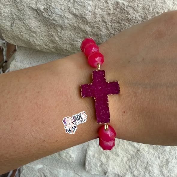Hot Pink Crystal Beaded Cross Bracelet