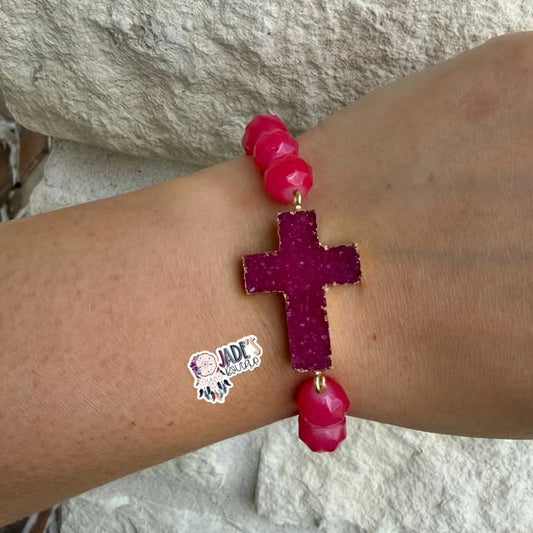 Hot Pink Crystal Beaded Cross Bracelet