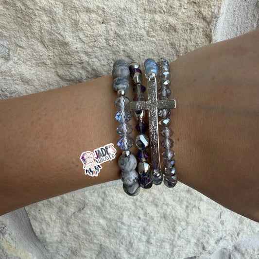 Grey Stone Cross Stack Bracelet