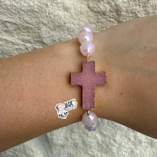 Pink Pearl Beaded Cross Bracelet