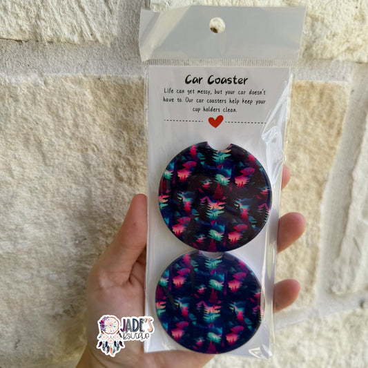 Ceramic Car Coasters - Aurora Borealis Trees
