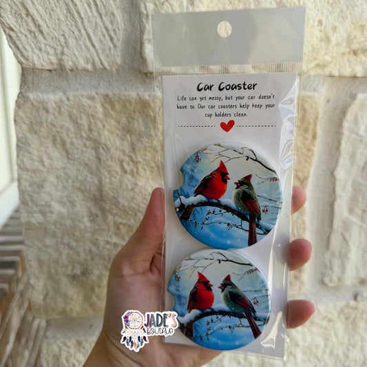 Ceramic Car Coasters - Red Snow Cardinals