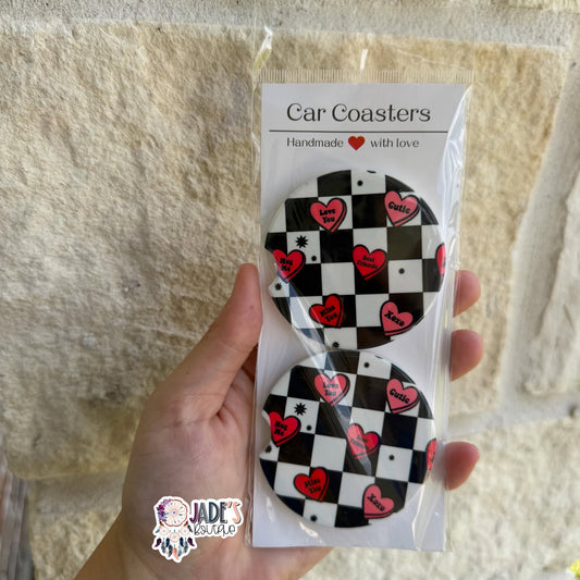 Ceramic Car Coasters - Checkered Hearts