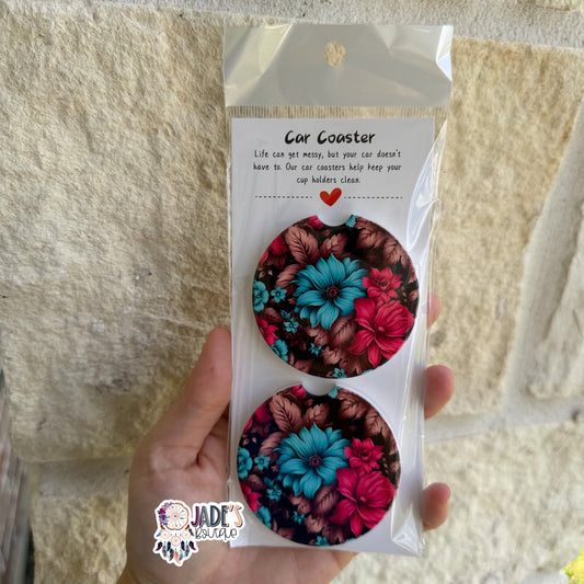 Ceramic Car Coasters - Turquoise & Pink Floral