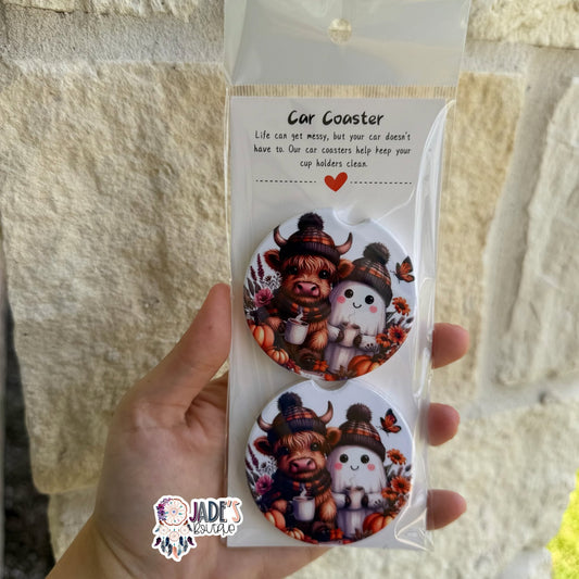 Ceramic Car Coasters - Autumn Cow/Ghost