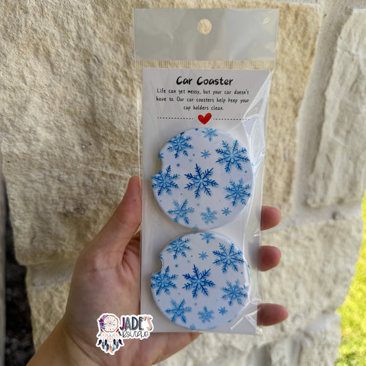 Ceramic Car Coasters - Blue Snowflakes