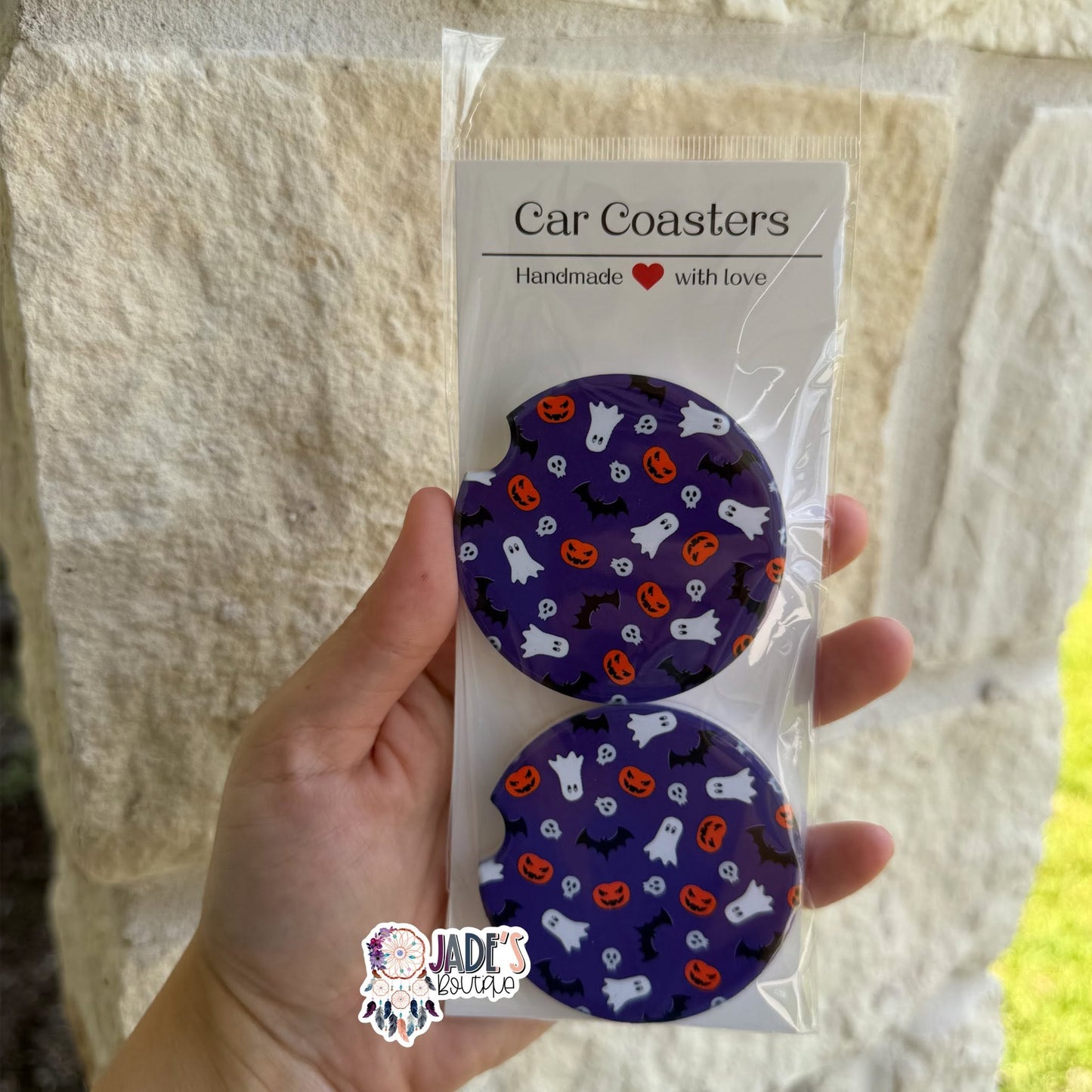 Ceramic Car Coasters - Purple Spooky Things
