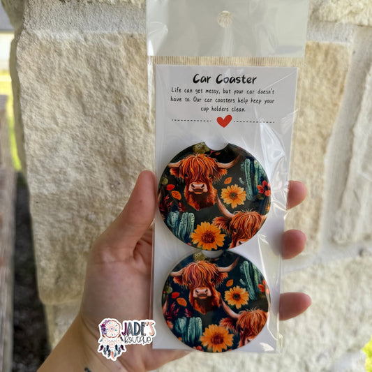 Ceramic Car Coasters - Sunflower Highland Cow