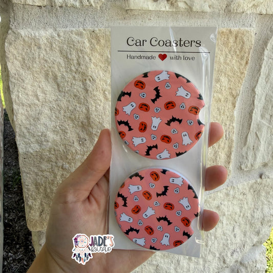 Ceramic Car Coasters - Spooky Things Pink