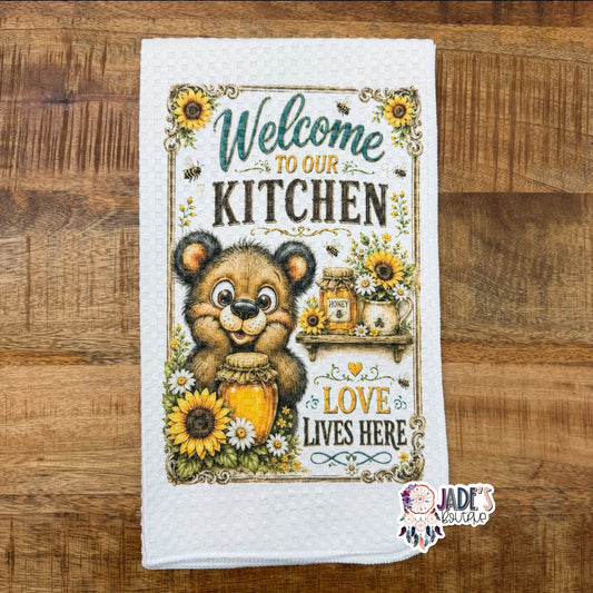 Welcome To Our Kitchen Love Lives Here Tea Towel