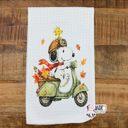 Dog & Bird Moped Tea Towel